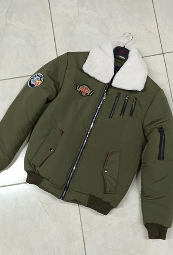 کاپشن خلبانی مردانه سبز یقه خز داخل الیاف استیکردار