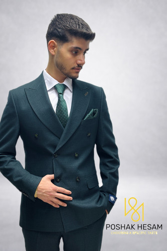 کت و شلوار مردانه مدل دبل برست پارچه بانجو اسپورت یقه بلیزر شش دکمه