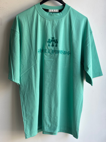 تی شرت مدل باکسی مردانه پنبه یقه گرد گلدوزی صلیب کیفیت بالا سبز پاستیلی